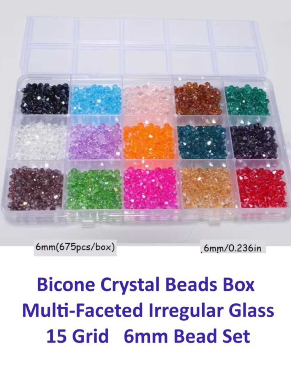 Bicone Crystal Beads Box  Multi-Faceted Irregular Glass 15 Grid   6mm Bead Set